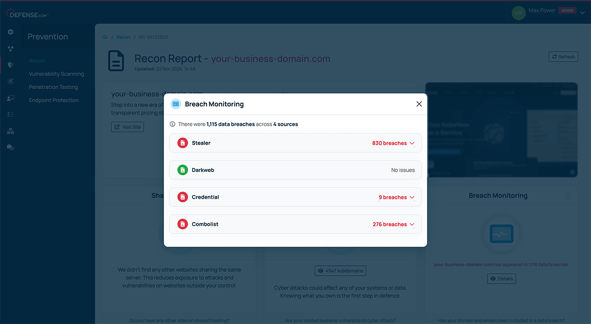 A screenshot from Defense.com Breach Monitoring showing a website that has detailed reports on exposed credentials.