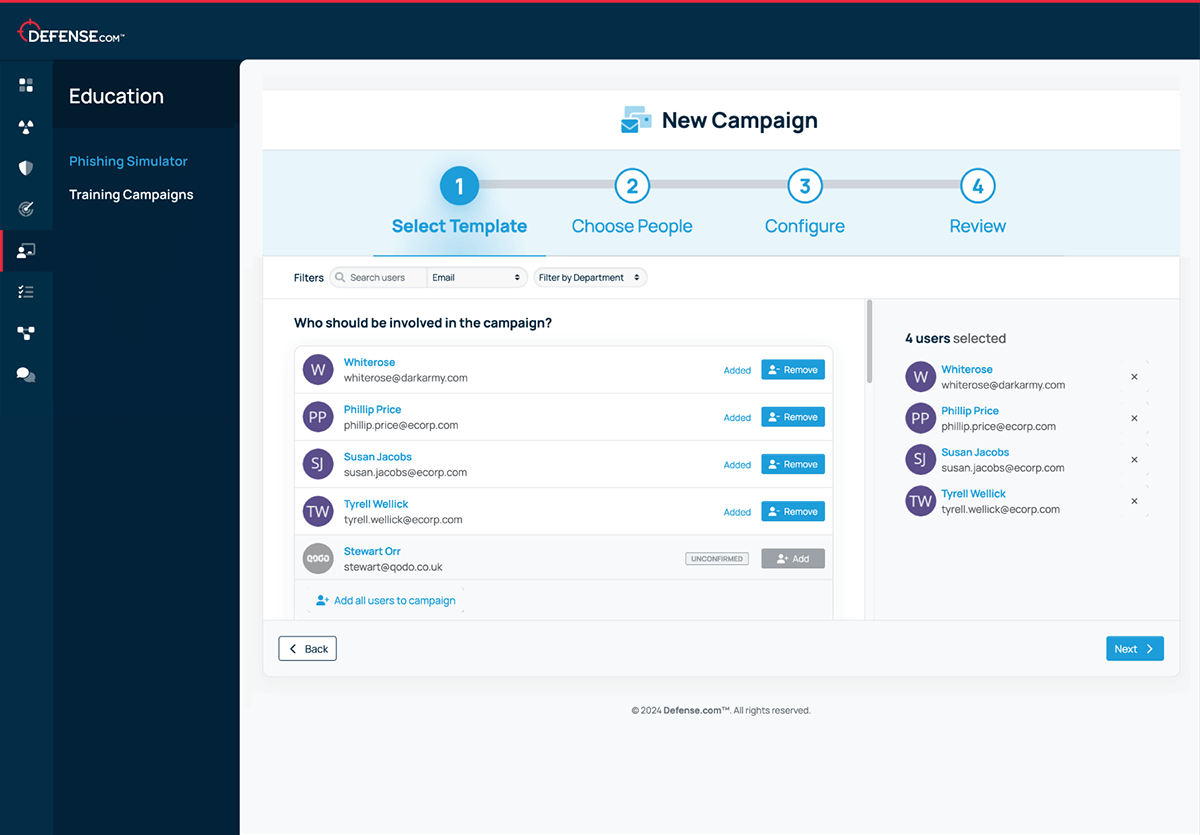 A screenshot of the Defense.com phishing simulator showing adding users to the phishing campaign.