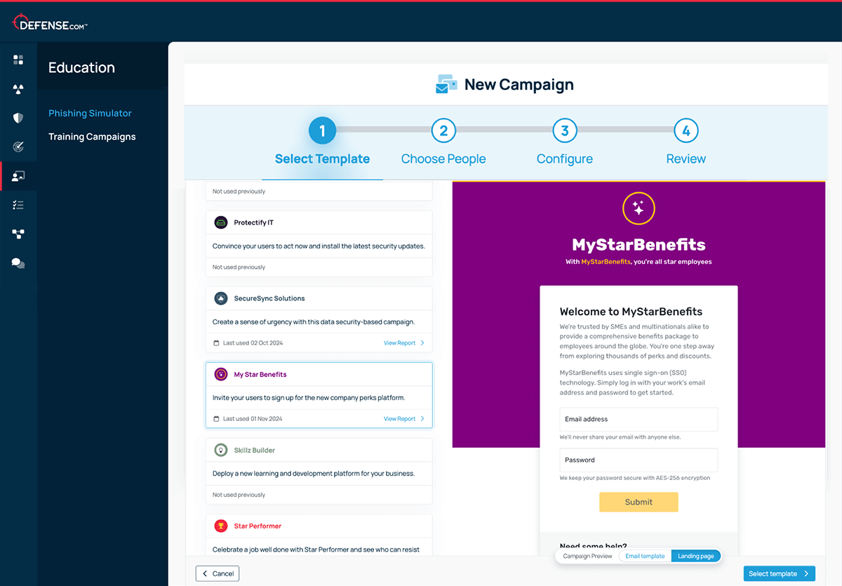 A screenshot of the Defense.com phishing simulator showing the selection of a campaign template.