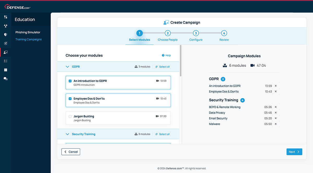 A screenshot of the Defense.com Cyber Awareness Training showing the creation of a new training campaign..