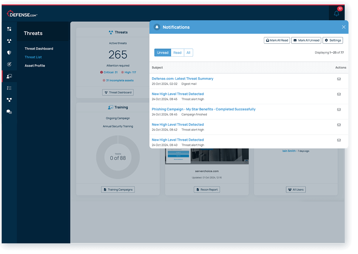 A screenshot of the Defense.com Threat Management showing how users are notified of critical threats in real-time.