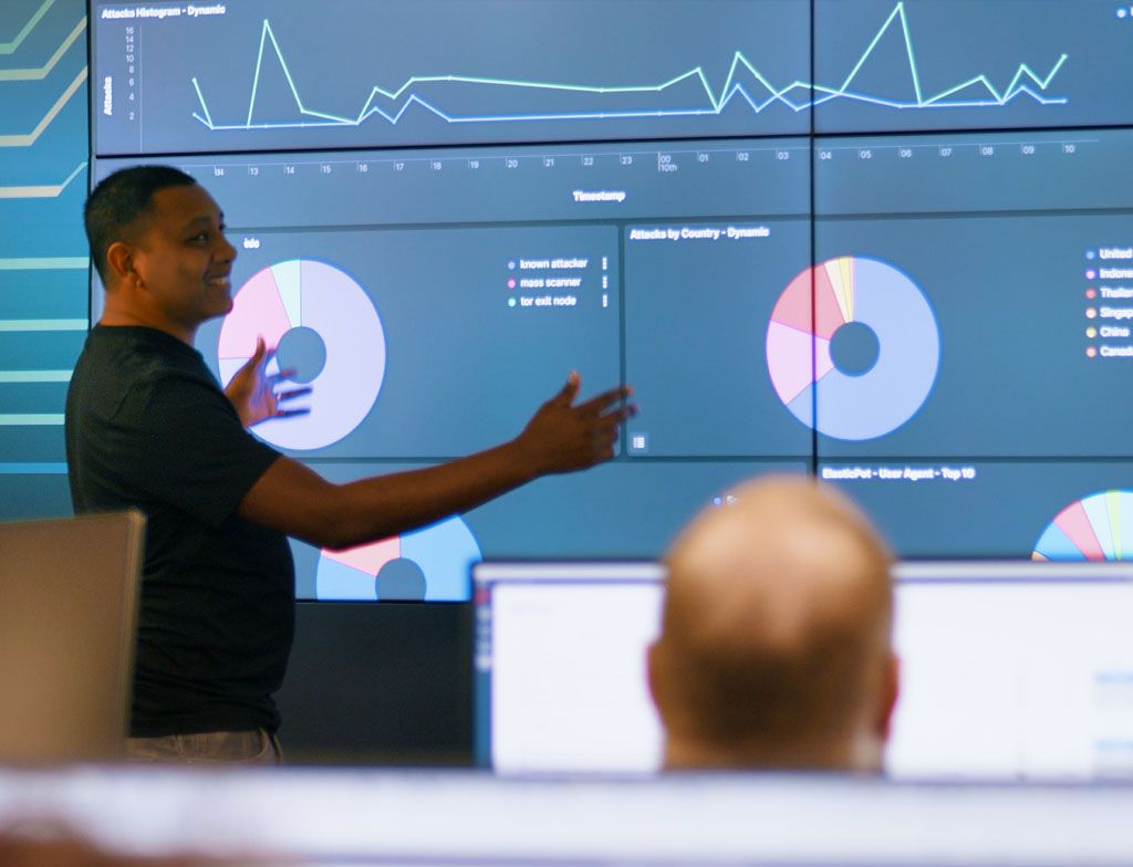 Person explaining data and graphs in front of large cybersecurity screens